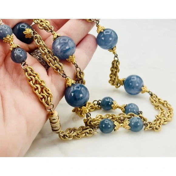 Vintage Chain and Bead Necklace Blue and Gold Barrel Clasp Detail End Ca… - Picture 1 of 8